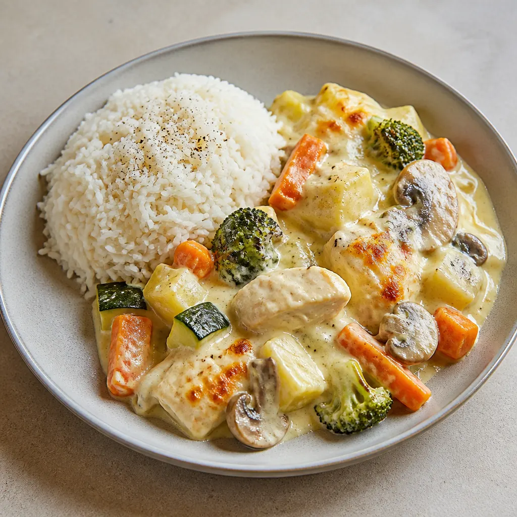Hähnchen mit Rahmsauce und Gemüse