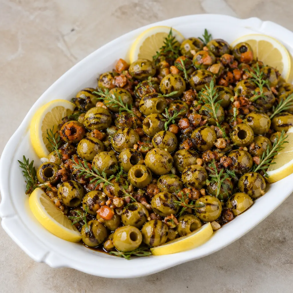 Olives frites avec vinaigrette à la carotte et au thym