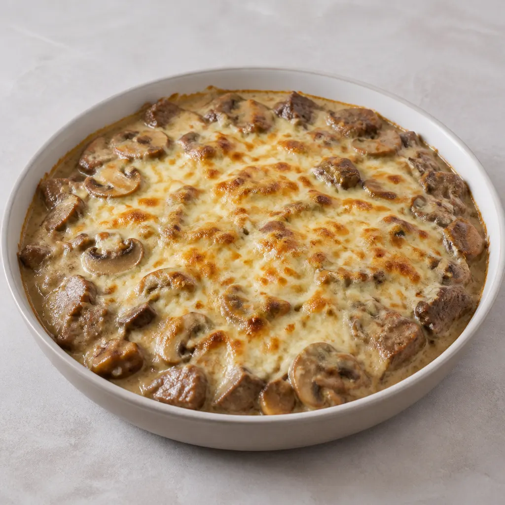 Beef Tray Bake with Cream and Mushroom Sauce