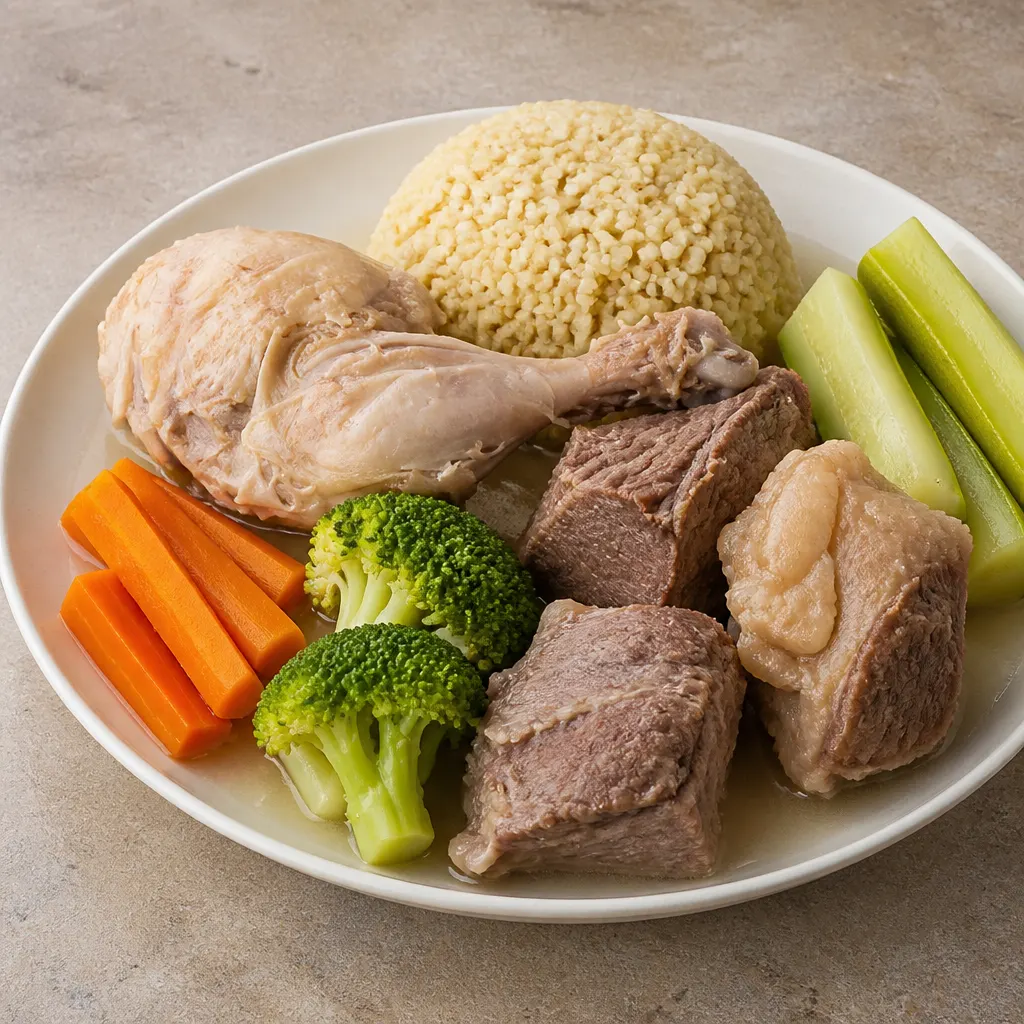 Gekochtes Hähnchen und Fleisch mit Bulgur