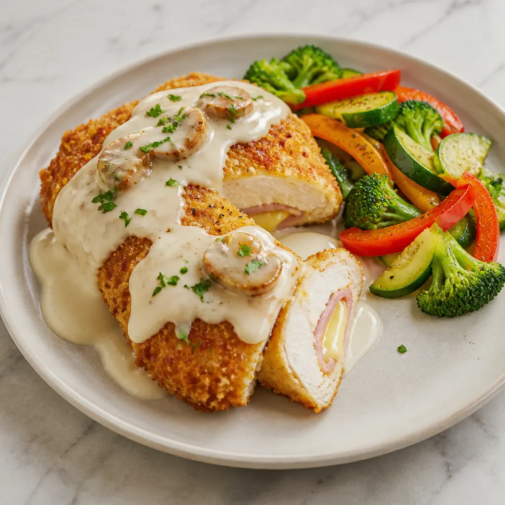 Chicken Cordon Bleu with Béchamel Sauce and Sautéed Vegetables