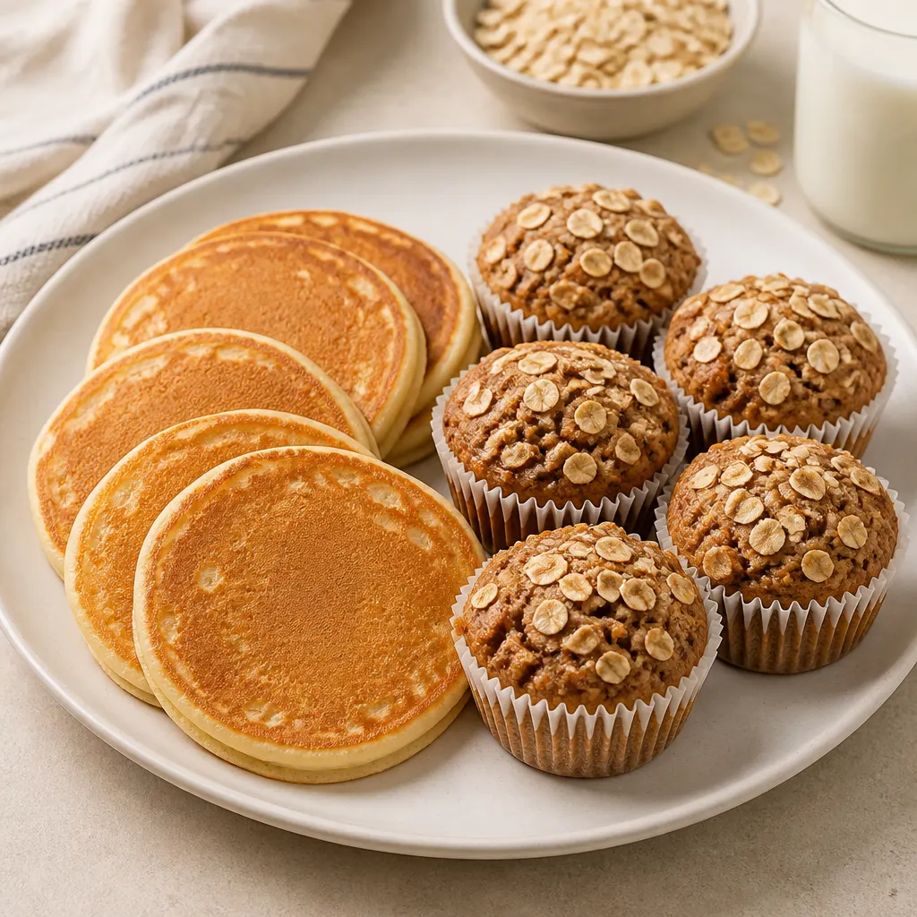 Snabba hälsosamma frukostar till barnens lunchlådor: pannkakor och havrecupcakes