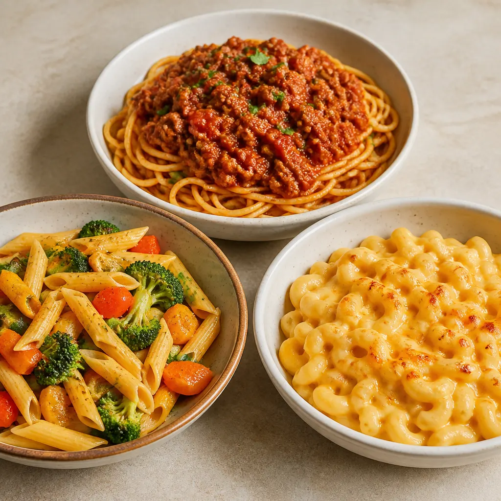 Three Pasta Recipes: Bolognese, Vegetable Pasta, and Mac and Cheese