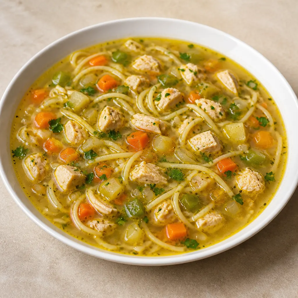 شوربة دجاج بالسباغيتي والخضار