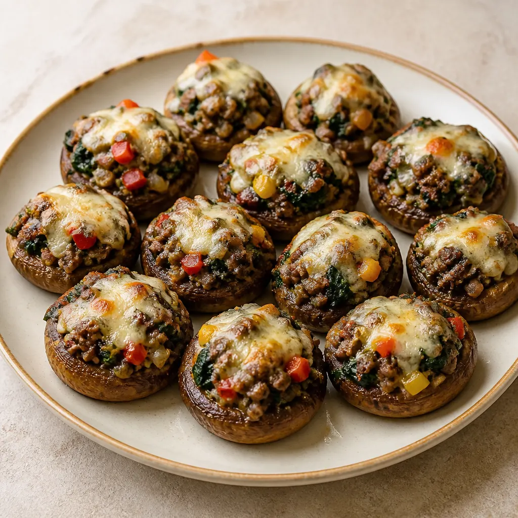 Gefüllte Champignons mit Fleisch und Spinat
