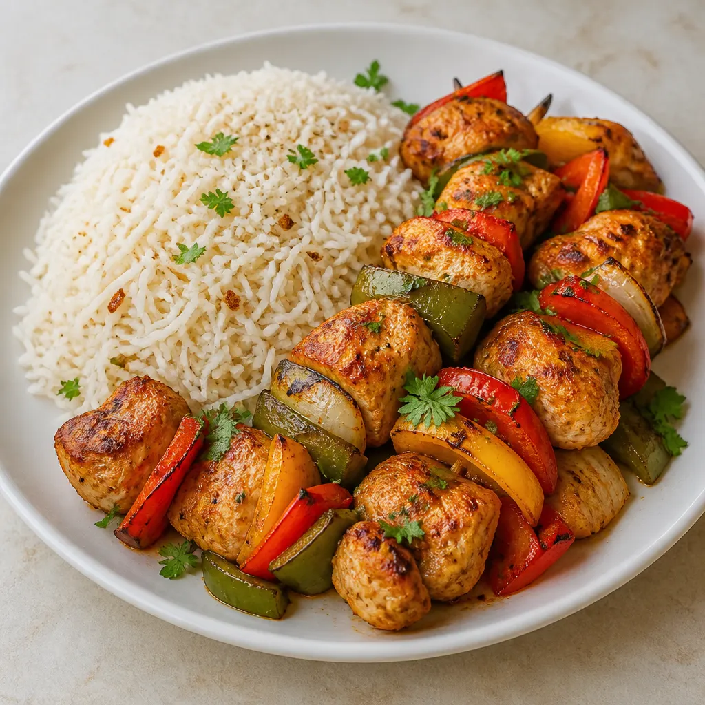 Chicken Kebabs with Rice and Vegetables