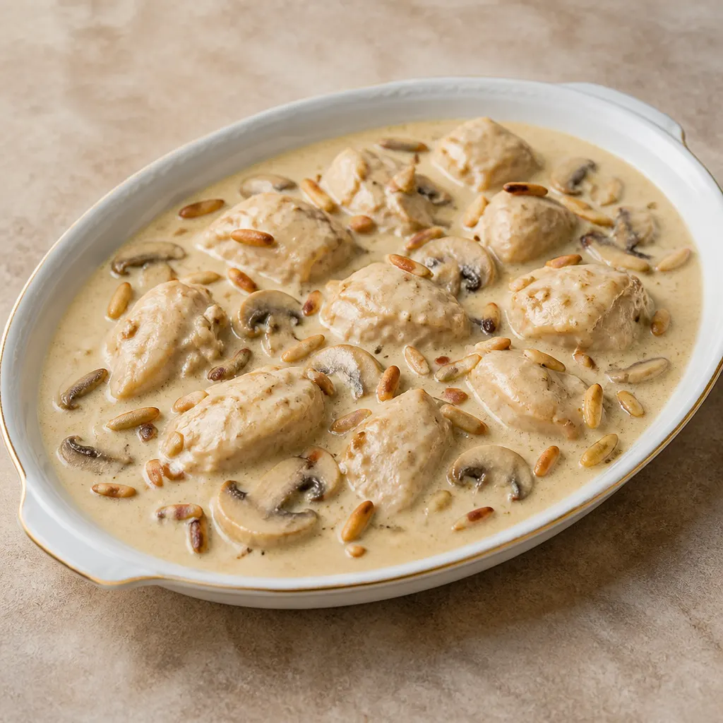 Kipsjakriya met champignons en tahinsaus