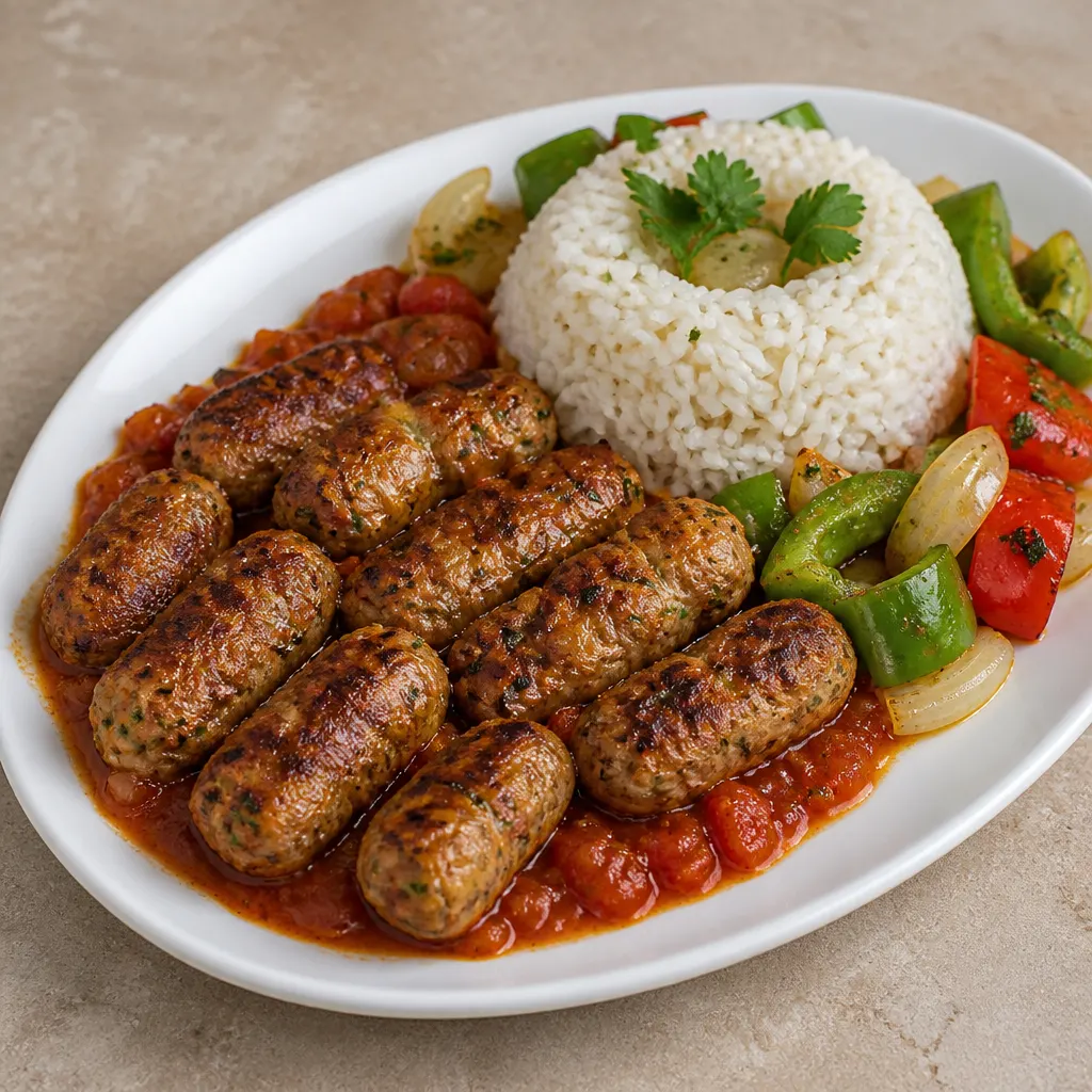 Chicken Kebabs with Tomato Sauce and Vegetables