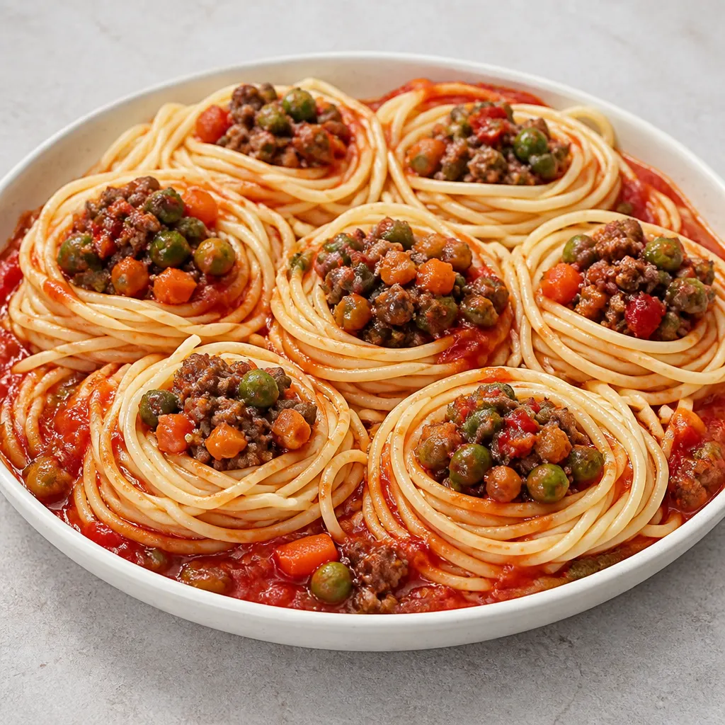 Spaghetti mit Fleisch, Gemüse und Tomatensauce