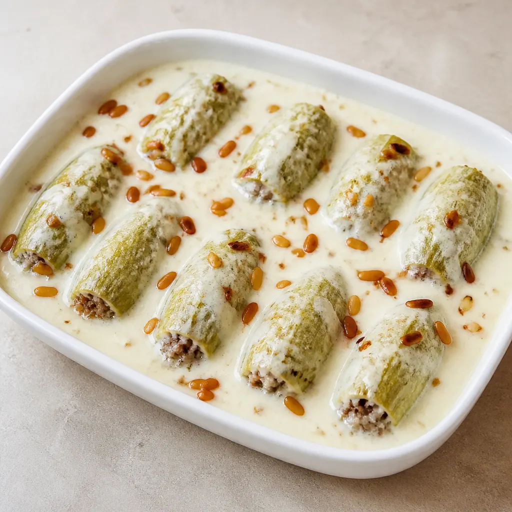 Kousa bil Laban (Stuffed Zucchini in Yogurt Sauce)